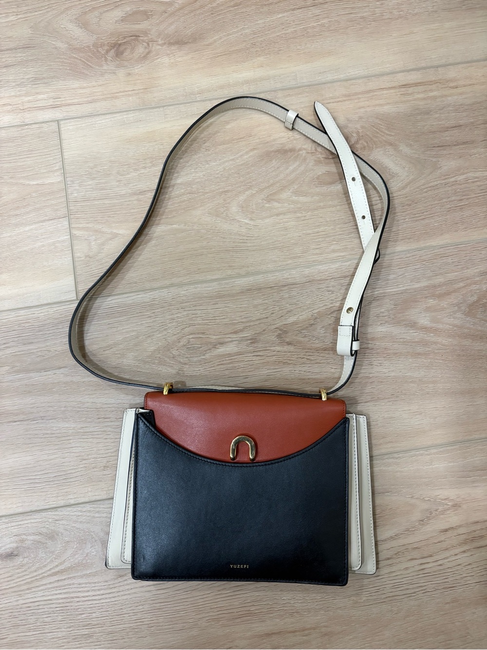 yuzefi Three-Tone Leather Crossbody Bag - Black, Brown & Cream
